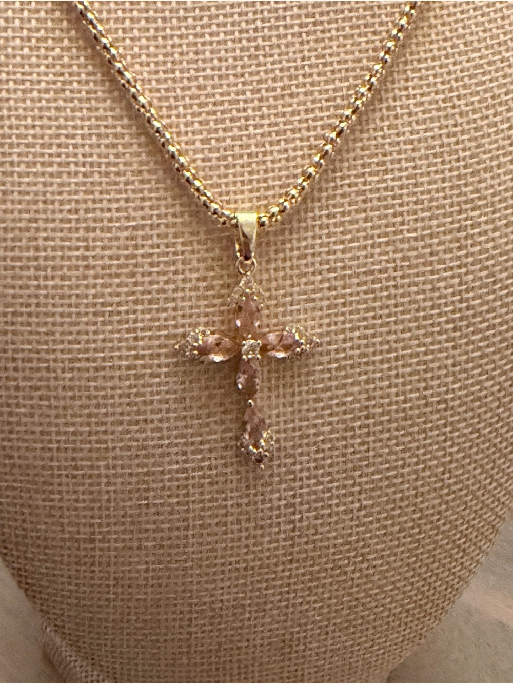 Gold Cross Pendant Necklace with Pink Stones
